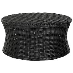 Black Rattan Round Coffee Table Ottoman with Mango Wood Top