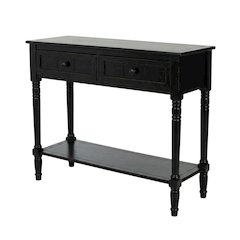 Black wooden console table with two drawers and sleek design