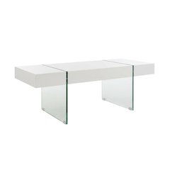 Modern white glass top coffee table with clear glass legs and sturdy MDF frame