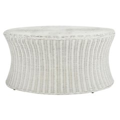 White Rattan Round Coffee Table Ottoman with Mango Wood and Lightweight Design