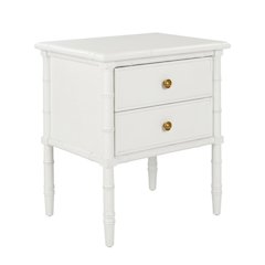 Wooden nightstand with 2 drawers and cast iron accents for bedroom storage