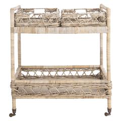 Ambrose 2 Tier Rattan Bar Cart, Grey Wash/Antique Brass