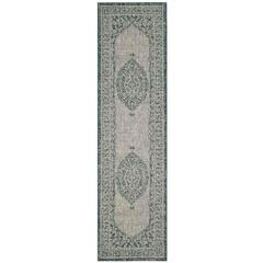 COURTYARD, LIGHT GREY / TEAL, 2'-3" X 12', Area Rug