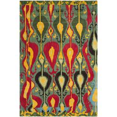 IKAT, BLUE / GREEN, 6' X 9', Area Rug