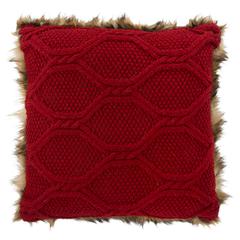 Luccia Faux Fur Pillow, Brown Faux Fur/Red Knit