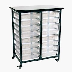 MOBILE BIN STORAGE UNIT - DOUBLE ROW WITH SMALL CLEAR BINS