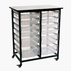MOBILE BIN STORAGE UNIT DOUBLE ROW WITH LARGE AND SMALL CLEAR BINS