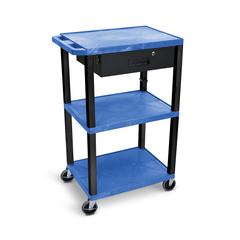 42"H 3-Shelf Utility Cart - Drawer, Blue Shelves, Black Legs