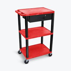 42"H 3-Shelf Utility Cart - Electric, Drawer, Red Shelves, Black Legs