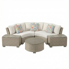 Tan Round Outdoor Coffee Table with Wood Legs and Transitional Design