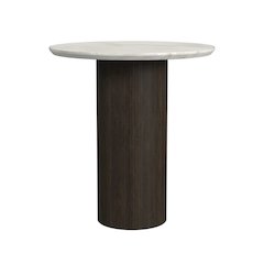 Sylvie Round End Table with White Faux Marble Top and Base in Dark Brown