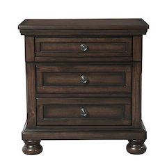 Wooden Nightstand with USB, Cherry Veneer, and Dark Metal Finish Knobs
