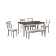 Gill 6PC Dining Set: Table, 4 Wood/UPH Chairs & Bench in Medium Brown & White