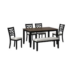 Gill 6PC Dining Set: Table, 4 Wood/UPH Chairs & Bench in Medium Brown & Black