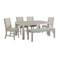 6PC Standard Height Dining Set in White-Rectangular Table, Four Chairs & Bench