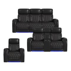 P3 3PC Living Room Set in Jett Black with Red Stitching-Sofa,Loveseat & Recliner