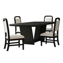 5PC Standard Height Dining Set in Black, Grain-Table, Four White Fabric Chairs