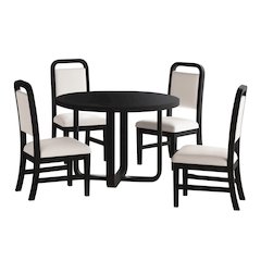 5PC  Dining Set in Black, Grain-Round Table, Four White Fabric Chairs