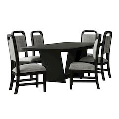 7PC Standard Height Dining Set in Black with Grain-Table, Six Grey Fabric Chairs