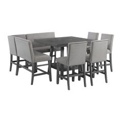 8PC Counter Height Dining Set in Grey-Table, Four Chairs and Complete Bench