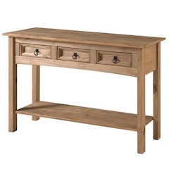 Brown wood hall table with three drawers and sleek design