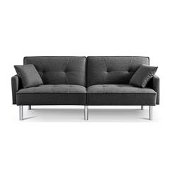 Tufted Futon Convertible Sofa Sleeper with Two Throw Pillows