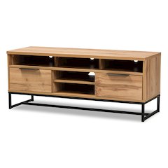 Contemporary Industrial Oak Finished Wood and Black Metal 2-Drawer TV Stand