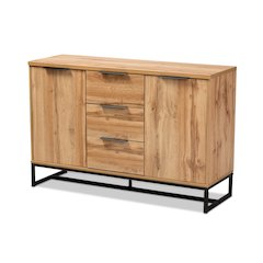 Industrial Oak Finished Wood and Black Metal 3-Drawer Sideboard Buffet
