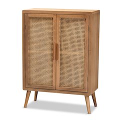 Medium Oak Finished Wood and Rattan 2-Door Accent Storage Cabinet
