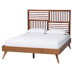 Gemma Platform Bed - Mid-Century Modern Bed Frame with Slatted Headboard, Queen