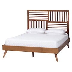 Mid-Century Modern Bed Frame with Slatted Wood Headboard and Angled Legs, King