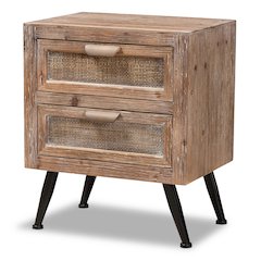 Mid-Century Modern Natural Brown Finished Wood and Rattan 2-Drawer End Table