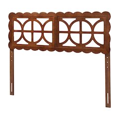Wood Full Headboard Walnut Brown, Scalloped Frame, Geometric Cutout Panel