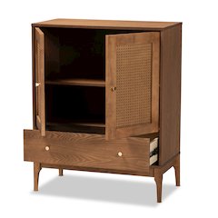 Ramiel Mid-Century Modern Ash Walnut Finished Wood and Rattan 1-Drawer Sideboard