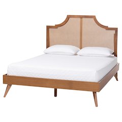 Rodolfo Platform Bed - Mid-Century Modern Bed with Woven Rattan Headboard, Queen