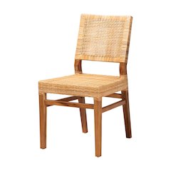 Modern Bohemian Natural Brown Rattan and Walnut Brown Mahogany Wood Dining Chair