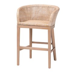 Papua Bohemian Antique White Washed Rattan and Mahogany Wood Counter Stool