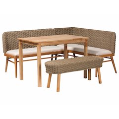 bali & pari Denver Natural Seagrass and Acacia Wood 4-Piece Dining Nook Set