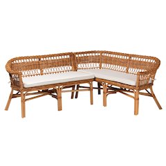Nella Modern Bohemian Natural Brown Rattan 2-Piece Dining Nook Banquette Set