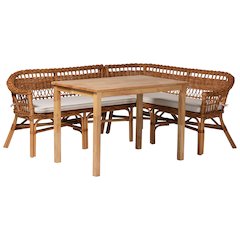 Nella Natural Brown Finished Wood and Rattan 3-Piece Dining Nook Set