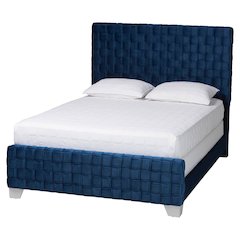 Emlyn Glam and Luxe Navy Blue Velvet Fabric Queen Size Panel Bed