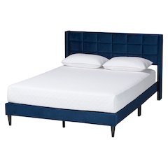 Payne Modern Glam Navy Blue Velvet and Dark Brown Wood Queen Bed