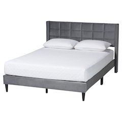 Payne Modern Glam Grey Velvet and Dark Brown Wood Queen Bed