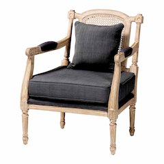 Clemence French Provincial Grey Fabric Whitewashed Mahogany Wood Armchair