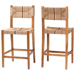 Prita Bohemian Paper Loom and Natural Mahogany Wood 2-Piece Bar Stool Set
