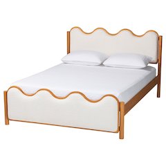 Modern Scalloped Cream Boucle and Oak Brown Wood Queen Platform Bed