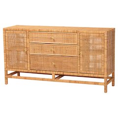 Vivan Bohemian Honey Rattan and Mahogany Wood 3-Drawer Storage Cabinet