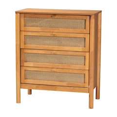 Jenn Golden Brown Wood Japandi 4-Drawer Chest with Distressed-Finished Rattan