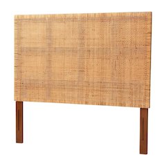 Red Teak Queen Headboard, Rattan Panels, Mahogany Wood Legs for Bohemian Decor