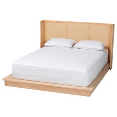 Glennis Japandi Natural Brown Wood Queen Size Platform Bed with Woven Rattan